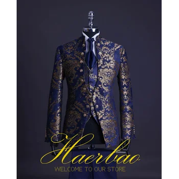 גברים חליפה להגדיר לעמוד צווארון Mens חליפות חתונה רשמית טוקסידו חתן תלבושות נאה זהב כחול פרחוני רים הבמה.
