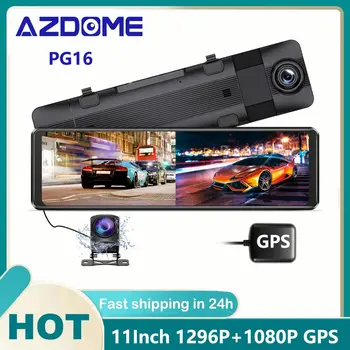 AZDOME PG16 המכונית מראה DVR GPS 1296P כפול מצלמות 11inch מסך מגע אחורי תצוגת המחוונים Cam להזרים מדיה מקליט וידאו ראיית הלילה.