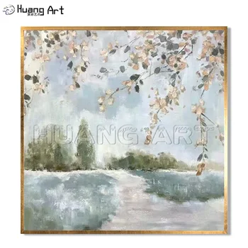 דיו סינית ציור נוף מצוירת ביד ציור שמן על בד מודרני אפור בהיר צבע האגם עץ נוף ציור שמן