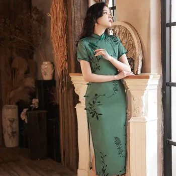 שיפור ירוק כהה הדפסה Cheongsam שרוול קצר בציר נשים אלגנטי בסגנון סיני מנדרינית קולר צ ' יפאו
