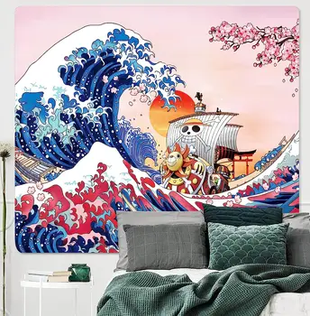 אנימה שטיח יפנית גל האוקיינוס קיר בעיצוב דובדבן השקיעה הר תלייה על קיר קאנאגאווה ציור קיר הסלון חדר השינה Decpr
