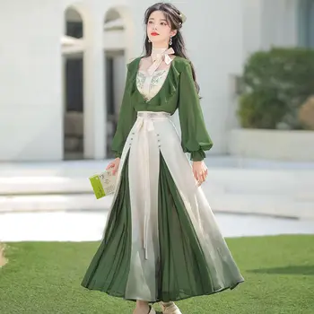 2023 הקיץ מקורי אלגנטי שיפון ירוק פרחוני מודפס Hanfu השמלה 4pcs נשים משופרת סיני מודרני Fairy שמלות ערב