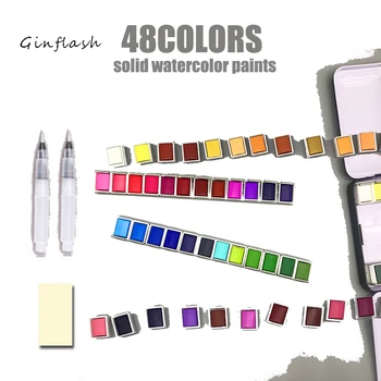 48colors מוצק צבע צבעי המים עם סט צבעי מים נייד מברשת עט ציור מקצועי ציוד אמנות צבעים