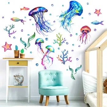 2pcs העולם התת ימי מדוזה ים מצוירת קיר מדבקת סלון חדר שינה חדר ילדים Backwall מדבקות קיר מדבקה