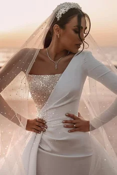 שנהב כתף אחת שמלות חתונה פייטים חרוזים זמן הרכבת הסעודית ערבית דובאי מודרני ללא משענת חוף שמלות כלה