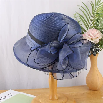 נשים אורגנזה המגבעת קנטאקי דרבי שמש דלי כובע מסיבת התה החתונה הכובעים אלגנטיות צרפתית ליידי פרח החוף פסטיבל כובע