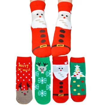 4 זוגות נשים קורל קטיפה חג המולד, גרביים עבות חורף חם נשים גרב אקארד סנטה קלאוס אייל עץ חג המולד פסטיבל Meias