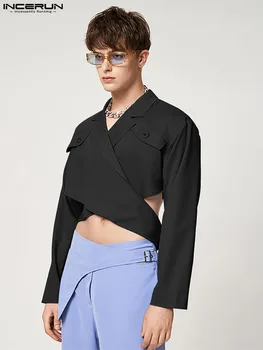 INCERUN מקסימום 2023 בסגנון אמריקאי אופנה לגברים דש הצלב רצועת החליפה מזדמנים זכר מוצק כל-התאמה קצרה שרוול ארוך בלייזר S-5XL