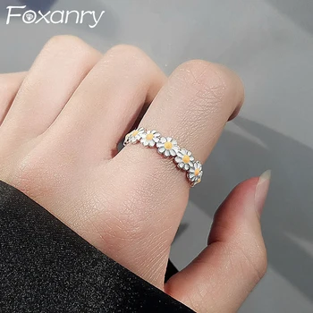 FOXANRY קוריאנית פרח חמוד האצבע טבעות לנשים, זוגות אופנה חדשה יצירתי טיפה זיגוג דייזי מסיבת יום הולדת תכשיטים מתנות