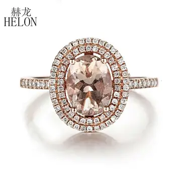 HELON מוצק 14k רוז זהב סגלגל 6x8mm אמיתי Morganite יהלומים נשים אופנתי בסדר תכשיטי אירוסין חתונה טבעת יהלום מתנה