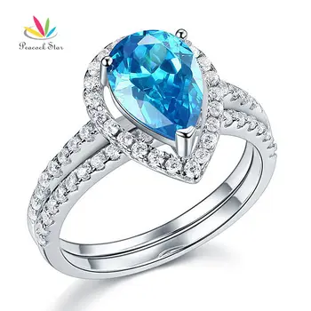 טווס כוכב סטרלינג 925 כסף חתונת כלה טבעת אירוסין סט 2 Ct אגס מהודר כחול CFR8222
