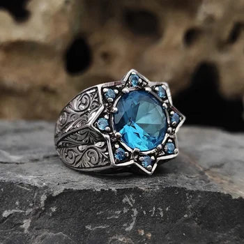 טורקיה חותם היד חרוטה תבנית טבעת וינטג מתכת שיבוץ כחול Ston גברים העות ' מאנית הטבעת