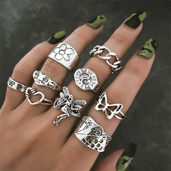 9Pcs בציר גותי פרפר זווית פרח רב אלמנט טבעת להגדיר עבור נשים גברים רטרו אישיות טבעת אצבע מתנות