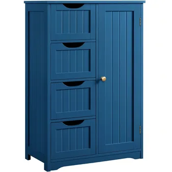 Easyfashion עץ, ארון לאחסון עם 4 מגירות עבור חדר מטבח, כחול, ארון מטבח