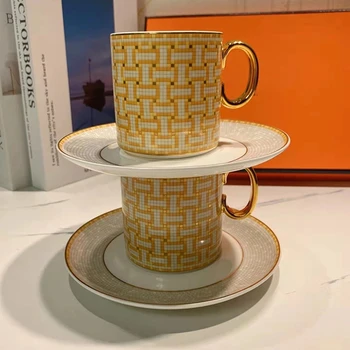 2022 הסגנון החדש יוקרה פסיפס קפה כוס צלחת עם סט זהב הנדל קרמיקה קפוצ ' ינו תה של אחר הצהריים גביע 2pcs ספל קפה להגדיר