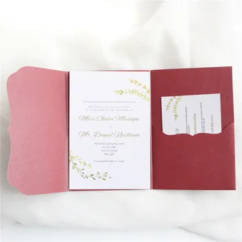 בורגנדי הזמנות לחתונה, כרטיסי כיס Tri-קיפול כרטיס ברכה מסיבת האירוסין ספק