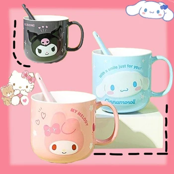 Sanrio Kawaii שלי מלודי Cinnamoroll הלו קיטי 450ml כוסות עם כפית קריקטורה הביתה לשתות כוס חמוד, סגנון קרמיקה ספל קפה.