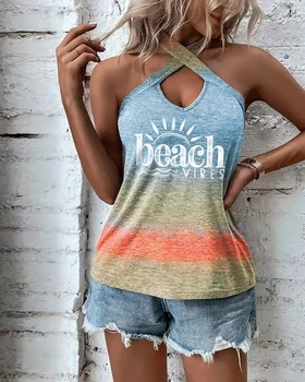 נשים סקסיות אופנה הקיץ ללבוש יומיומי חולצות האפוד גופיות טי חוף נוף הדפסה לחצות הקולר גופיה