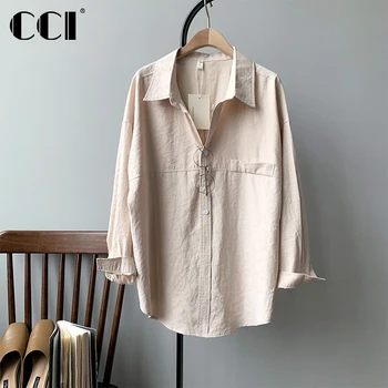 CCI 2022 אביב סתיו אופנה מזדמן פשוט מקסימום Turn-למטה צווארון בסיסי כיס כפתורים שרוול ארוך הגברת רגיל חולצה WQT029