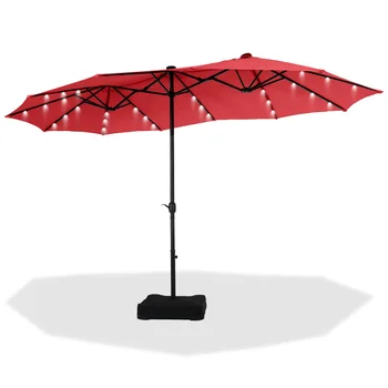 15ft דו צדדי פטיו שמש מטרייה עם בסיס חיצוני גדול, שולחן מטריה עם קראנק לטפל ו-36 יח ' נוריות LED אדום