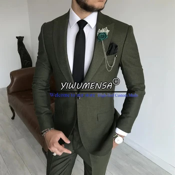 ירוק חליפות גברים Slim Fit עסקים במשרד ללבוש בלייזר+כפול עם חזה הז ' קט+מכנסיים 3 חתיכות רשמית Bridegrooms טוקסידו 2022