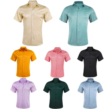 גברים חולצות קיץ, שרוול קצר משי מוצק שחור כחול זהב ורוד סגול ירוק סלים מקרית רשמית Colorfast אנשים לכל היותר ברי וונג