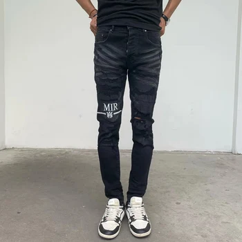 רחוב אופנה גברים ג 'ינס רטרו שחור אפור אלסטי נמתח סקיני ג' ינס קרועים גברים רקמה מעצב היפ הופ מותג המכנסיים