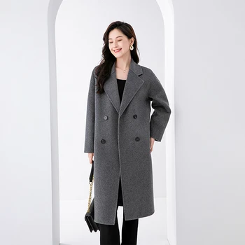 הסתיו-חורף חדש ב-100% צמר טהור דו צדדית צמר מעיל נשים של אמצע אורך מתאים רופף קוריאה סגנון אופנה מעיל