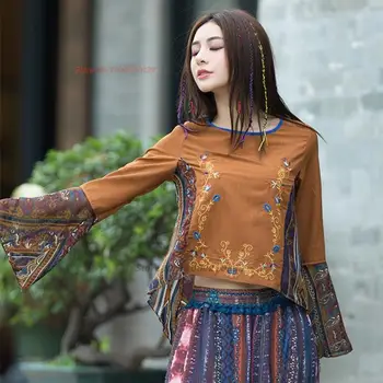2023 סינית מסורתית בציר חולצה הלאומי פרח רקמה רטרו o-צוואר טלאים החולצה סיני אתני בסיס החולצה
