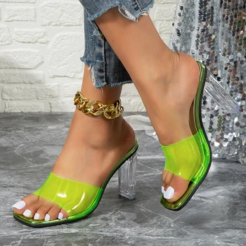 ירוק נקי Pvc Jellp נעלי נשים 2023 קיץ עקבים סנדלים שקופים אישה בוהן פתוח רדוד נעלי שמלה אישה משאבות